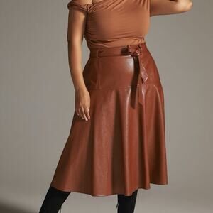 NWT Anthropologie Eva Franco Faux Leather Brown Belted Midi City Skirt 1X
